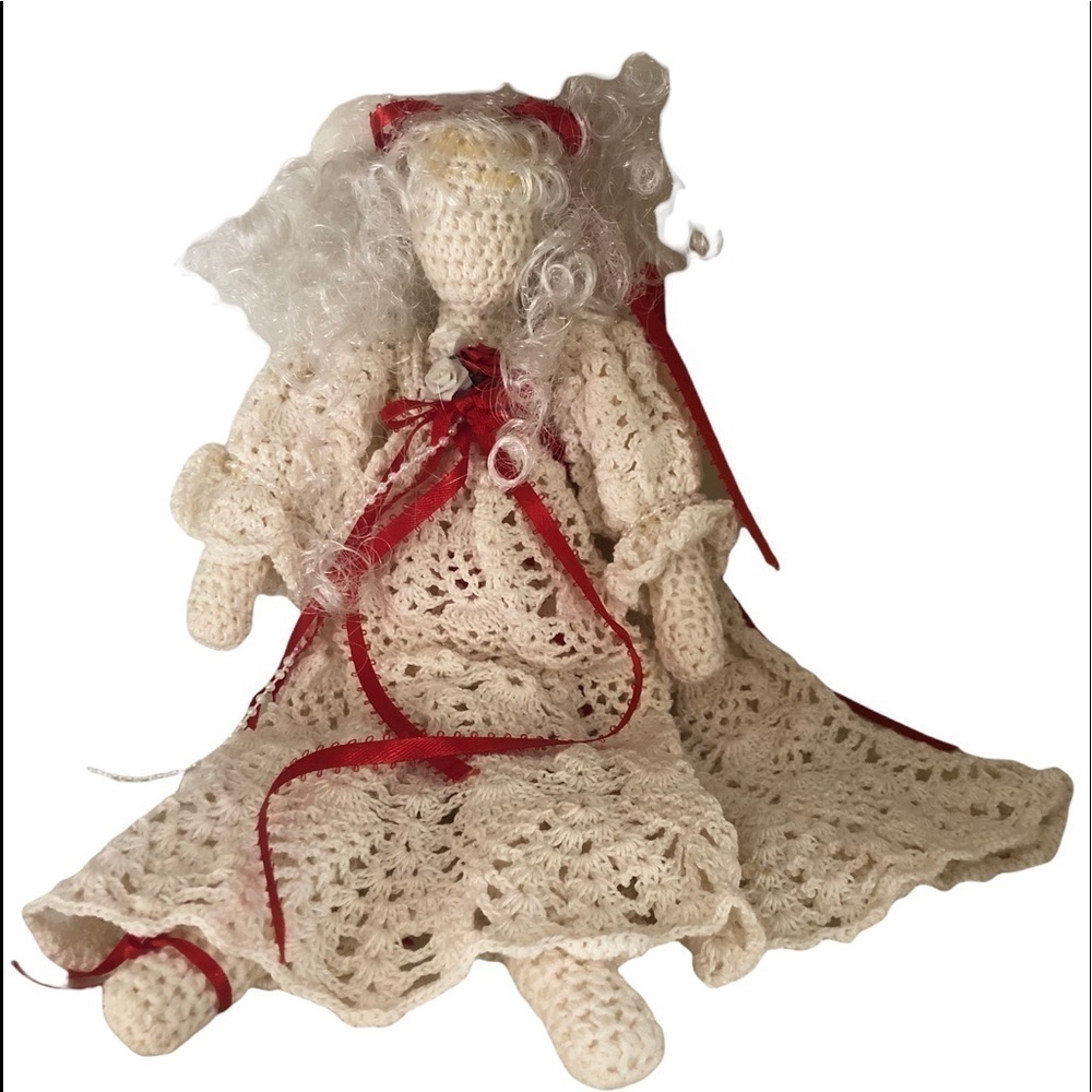 VTG Handmade Crochet Soft Sculpted Doll Dressed Winter White 13” Christmas